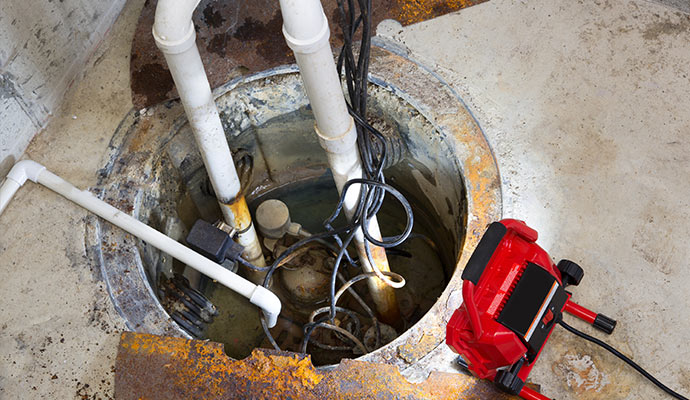 repairing a sump pump in a basement